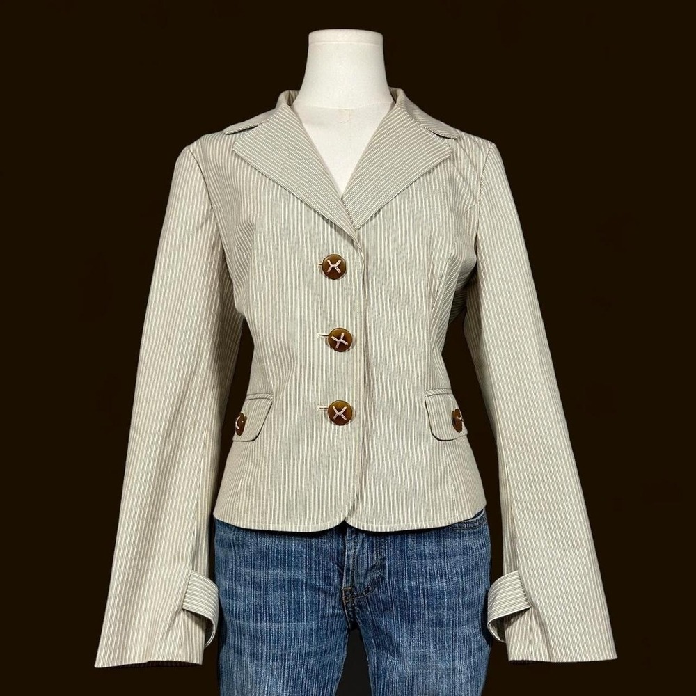 Vintage Talbots Cream Brown Pinstripe Blazer Womens 8 Retro Minimalist Business